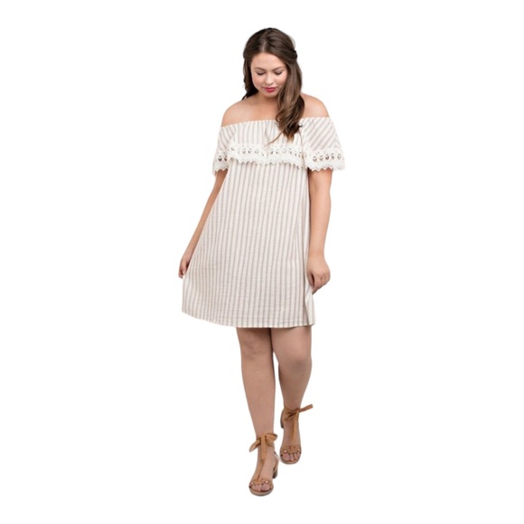 Kori Dresses & Skirts - Kori America Off Shoulder Striped Mini Dress | Embroidered Ruffle Detail Size XL